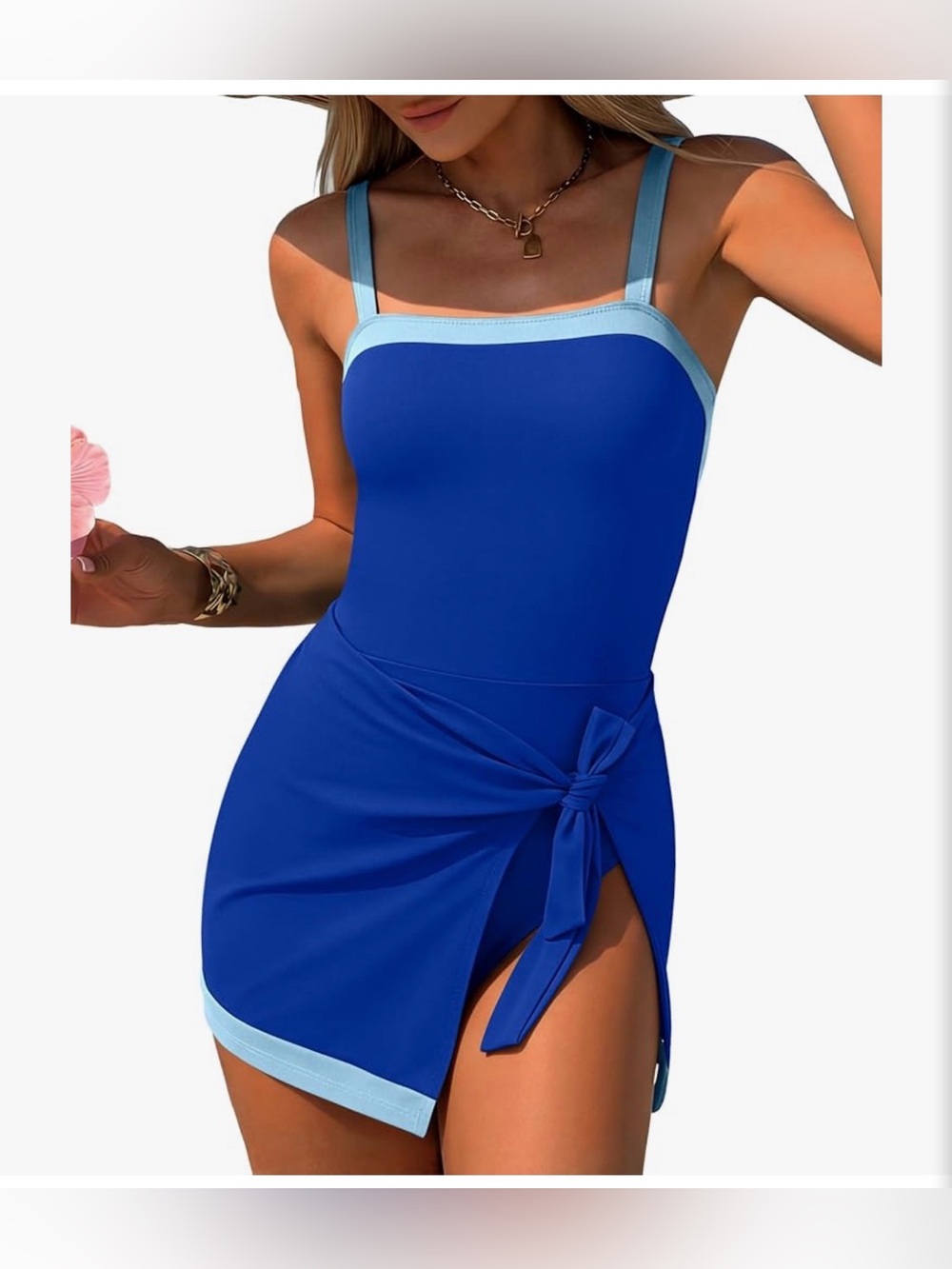 NWT Blue Tie-Waist Swimdress with Contrast Trim-S